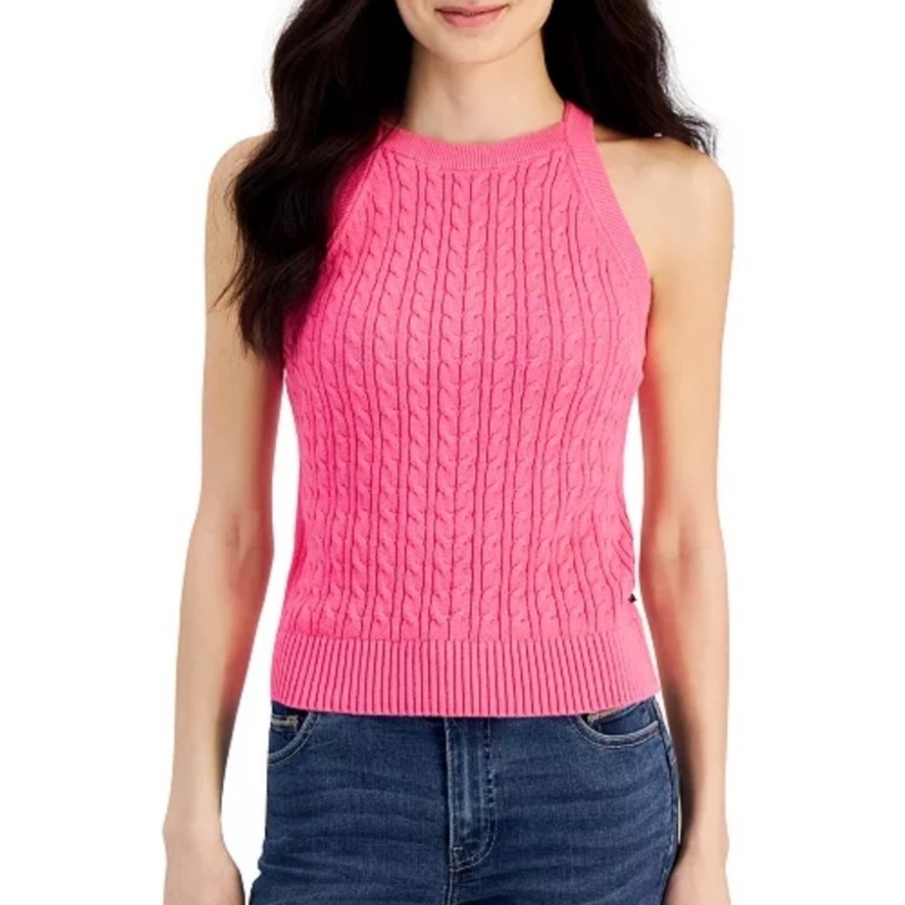Nautica Jeans Cable Knit Halter Neck Tank Top Women Size Large Pink NWT